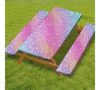 Odot Juego de 3 Piezas para Mesa de Picnic y Bancos, Antimanchas Mantel de Ajustado y Fundas de Asiento con Forro de Bordes Elásticos para Parque Picnic Patio (Arcoíris 2,6FT-76x183cm (160 gsm))