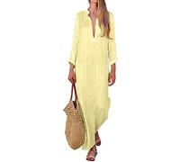 Odot Manga Larga Vestidos Largos Suelto Algodón y Lino, Mujer Casual Tallas Grandes Cuello V Cómodo Split Chic Boho Sexy Elegante para Fiesta Verano Playa Cocktail+Tobilleras (S,Amarillo)