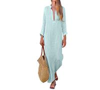 Odot Manga Larga Vestidos Largos Suelto Algodón y Lino, Mujer Casual Tallas Grandes Cuello V Cómodo Split Chic Boho Sexy Elegante para Fiesta Verano Playa Cocktail+Tobilleras (M,Azul Claro)