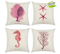 Odot Modernos Funda de Cojín de Algodón Lino para Sofá, Animales Marinos Impreso Decoración de la Cama en Casa Cuadrado Caso de Almohada para Hogar Coche Oficina Juego de 4 (45x45cm,Rojo)