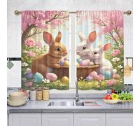 Odot Tenda Corta Finestra Cucina, Coniglio di Pasqua Primavera Tende da Bistrot Cucina Moderne con Tasca per Asta 2 Pezzi Mantovane Corte per Decorazione (Árbol Rosa,W 140 H 175cm)