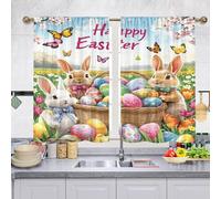 Odot Tenda Corta Finestra Cucina, Coniglio di Pasqua Primavera Tende da Bistrot Cucina Moderne con Tasca per Asta 2 Pezzi Mantovane Corte per Decorazione (Felices Pascuas,W 65 H 90cm)