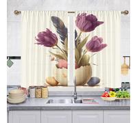 Odot Tenda Corta Finestra Cucina, Uovo di Pasqua Primavera Tende da Bistrot Cucina Moderne con Tasca per Asta 2 Pezzi Mantovane Corte per Decorazione (Flor Morada A,W 140 H 145cm)