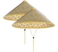Odoukey 2 Sombreros de bambú de 14 Pulgadas, Sombrero de arroz de bambú cónico Oriental Chino con Cuerda Ajustable, Gorro de Lluvia para Turismo de Paja de arroz Tejido para Pesca de granjeros