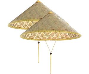 Odoukey 2 Sombreros de bambú de 14 Pulgadas, Sombrero de arroz de bambú cónico Oriental Chino con Cuerda Ajustable, Gorro de Lluvia para Turismo de Paja de arroz Tejido para Pesca de granjeros
