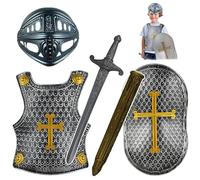 Odoukey 4pcs/set Knight Armor, disfraz medieval para niños incluye armadura de espada de escudo de casco para juego de roles Halloween Silver-Gray
