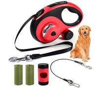 ODRIEW Correa retráctil resistente para perros grandes, 25 pies con cable a prueba de masticación, luz LED, dispensador, 2 bolsas para caca 360° sin enredos, freno y bloqueo de un botón, para perros