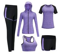 ODWTMRK Conjunto Deportivo Mujer Fitness, 5 Piezas Ropa Deportiva Mujer Gym Conjuntos de Yoga Running Training Estiramiento Ropa de Gimnasio(Púrpura,XL)