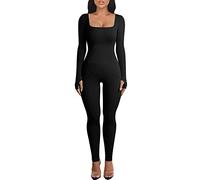 OEAK Mono Chándal Ajustado Mujer Mono Manga Larga Chándal Deportivo Completo Mujer con Cuello Cuadrado para Yoga Ggimnasio Eelegante, Negro, S