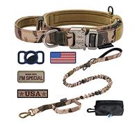 OEBEESA Collar táctico Ajustable Militar para Perro: Collares K9 de Nailon | 1.5 pulgadas de ancho, correa elástica de 4 a 6 pies, hebilla de liberación rápida, 3 parches, soporte para bolsas de Airtag