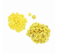 OEBUAFI Crotal para Oreja de Oveja, TPU Suave que No Destiñe para Gestión de Identificación de Animales, 100 Unidades, Amarillo, 3 X 2,5 Cm (con palabras)