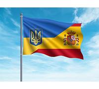 Oedim Bandera de Ucrania y España con Escudo, 150x85cm, Incluye 2 Ojales Metálicos, Resistente al Agua, Fabricada en Tela 2