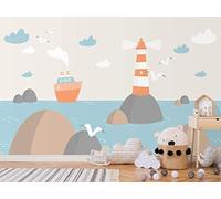 Oedim Fotomural Infantil Vinilo para Pared Faro y Barco | Mural | Fotomural Infantil Vinilo Decorativo | 200 x 150 cm | Decoración comedores, Salones, Habitaciones