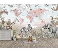 Oedim Fotomural Vinilo para Pared Mapamundi Rosado y Fauna, Vinilo Decorativo, 100x70cm, Decoración comedores, Salones, Habitaciones