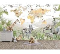 Oedim Fotomural Vinilo para Pared Mapamundi y Fauna, Vinilo Decorativo, 150x100cm, Decoración comedores, Salones, Habitaciones
