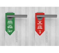 Oedim Pack 12 Carteles para Puertas con Texto por Favor no Molestar y Please do Not Disturb por Ambos Lados, 8x25cm, Colgador en Color Rojo y Verde, Modelo Flecha