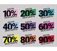 Oedim Pack 9 Vinilos para Escaparates Decoración Rebajas | Descuentos del 10% hasta el 90% | 50x35cm | Vinilo Adhesivo | Decora tu escaparate | Pegatinas Adhesivas Escaparate | Vinilos para Negocios