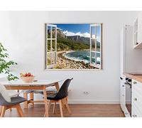 Oedim Pegatinas 3D Vinilo Ventana Varias Medidas 100x90cm | Adhesivo Incluido | Decoracion Habitación |Playa, Rocosa Panoramica y Montañas Frondosas | Multicolor | Diseño Elegante |