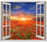 Oedim Pegatinas 3D Vinilo Ventana Varias Medidas 85x75cm | Adhesivo Incluido | Decoracion Habitación |Campo, Vista Panoramica Campo de Amapolas en Puesta de Sol | Multicolor | Diseño Elegante |