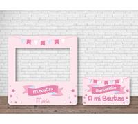 Oedim Photocall + Cartel Bautizo Rosa Personalizado, 100x100cm, Eventos o Celebraciones puntuales, Ventana Troqueladas, Photocall Divertido