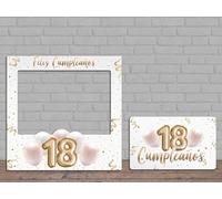 Oedim Photocall + Cartel Feliz 18 Cumpleaños Blanco, 80x80cm, 61x37,5cm, Photocall Decorativo para Eventos o Celebraciones puntuales