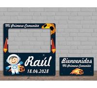 Oedim Photocall + Cartel Mi Primera Comunión Astronauta Personalizado, 100x100cm, 78x42cm, Eventos o Celebraciones puntuales, Ventana Troquelada, Photocall Divertido
