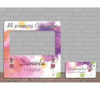 Oedim Photocall + Cartel Mi Primera Comunión Bailarinas Personalizado, 100x100 cm, 73x38cm, Eventos o Celebraciones puntuales, Ventana Troquelada, Photocall Divertido