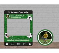Oedim Photocall + Cartel Mi Primera Comunión Fútbol Personalizado, 80x100 cm, Eventos o Celebraciones puntuales, Ventana Troquelada, Photocall Divertido