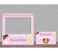 Oedim Photocall + Cartel Mi Primera Comunión Niña Rosa Personalizado, 100x100cm, 75x48cm, Eventos o Celebraciones puntuales, Ventana Troquelada, Photocall Divertido