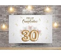 Oedim Photocall en Lona Feliz 30 Cumpleaños Blanco, 150x200cm, Photocall Decorativo para Eventos o Celebraciones puntuales, Photocall Divertido
