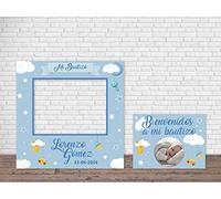 Oedim Photocall Infantil Mi Bautizo Azul Personalizado + Cartel, Eventos o Celebraciones puntuales, 100x100cm, Ventanas Troqueladas, Divertido