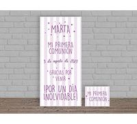 Oedim Photocall Infantil para Comunión Personalizado en Lona + Cartel en Cartón Rayas Rosa y Blanco | Varias Carteles | Photocall Personalizado Económico y Original |