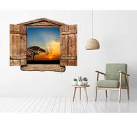 Oedim Vinilo de Pared Efecto Ventana 3D Puesta de Sol África 50x38cm | Artículo Decorativo de Habitaciones | Pegatina para Decoración de Paredes | Adhesivo Elegante para el Hogar |