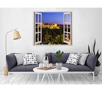 Oedim Vinilo Ventana Alhambra de Granada 150x130cm | Adhesivo Incluido | Decoracion Paredes y Habitaciones | Motivos paisajisticos | Diseño Elegante