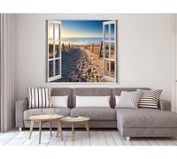 Oedim Vinilo Ventana Camino Arena Playa | 50x40cm | Adhesivo Incluido | Decoracion Habitación| Pegatina Adhesiva | Multicolor | Diseño Profesional