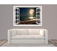 Oedim Vinilo Ventana Playa Tropical Luna | 150x105cm | Adhesivo Incluido | Decoracion Habitación | Pegatina Adhesiva | Multicolor | Diseño Profesional