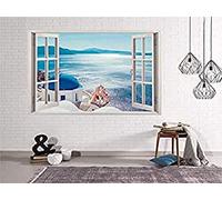 Oedim - Vinilo Ventana Vistas al Mar Desde Grecia | 150x130cm | Adhesivo Incluido | Decoracion Habitación | Pegatina Adhesiva | Multicolor | Diseño Profesional