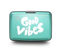 ÖGON -DESIGNS- Tarjetero de Aluminio con Cierre metálico, protección RFID contra el fraude y la desmagnetización, Cartera compacta, Modelo Smart Case Stockholm (Grabado Good Vibes)