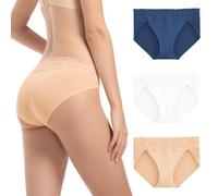 OEIOEI Ropa interior de bambú para mujer, con ribete de encaje, de talle bajo, suaves, hipster, paquete de 3, Blanco/Beige/Azul, L