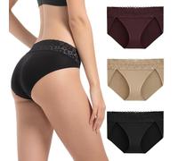 OEIOEI Ropa interior de bambú para mujer, con ribete de encaje, de talle bajo, suaves, hipster, paquete de 3, Negro/Borgoña/Caqui, M