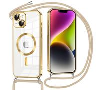 Oelrstfe Funda Magnética para iPhone 14 Plus 6.7" con Cuerda, Compatible con MagSafe, Transparente Carcasa con Correa Collar Colgante Suave TPU Silicona Case Cordón Cover Cámara Anti-Choque, Dorado