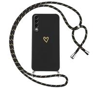 Oelrstfe Funda para Huawei P30 con Cuerda,Carcasa Silicona Suave con Patrón de Corazón con Correa Cordón Colgante Collar Ajustable,Antigolpes Anti-Arañazos Cuello Cadena Case,Negro
