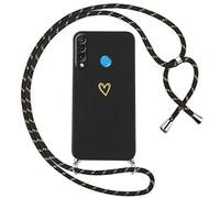 Oelrstfe Funda para Huawei P30 Lite/Nova 4e con Cuerda,Carcasa Silicona Suave con Patrón de Corazón con Correa Cordón Colgante Collar Ajustable,Antigolpes Anti-Arañazos Cuello Cadena Case,Negro