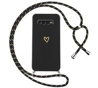 Oelrstfe Funda para Samsung Galaxy S10 Plus con Cuerda,Carcasa Silicona Suave con Patrón de Corazón con Correa Cordón Colgante Collar Ajustable,Antigolpes Anti-Arañazos Cuello Cadena Case,Negro