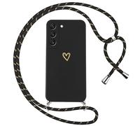 Oelrstfe Funda para Samsung Galaxy S21 Plus 5G con Cuerda,Carcasa Silicona Suave con Patrón de Corazón con Correa Cordón Colgante Collar Ajustable,Antigolpes Anti-Arañazos Cuello Cadena Case,Negro