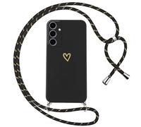 Oelrstfe Funda para Samsung Galaxy S24 Plus 5G con Cuerda,Carcasa Silicona Suave con Patrón de Corazón con Correa Cordón Colgante Collar Ajustable,Antigolpes Anti-Arañazos Cuello Cadena Case,Negro