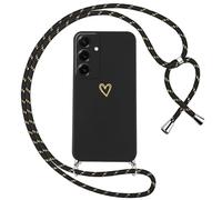 Oelrstfe Funda para Samsung Galaxy S25 Plus 5G con Cuerda,Carcasa Silicona Suave con Patrón de Corazón con Correa Cordón Colgante Collar Ajustable,Antigolpes Anti-Arañazos Cuello Cadena Case,Negro