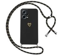 Oelrstfe Funda para Xiaomi Redmi Note 12 Pro Plus/Note 12 Pro+ 5G con Cuerda,Carcasa Silicona Suave con Patrón de Corazón con Correa Cordón Colgante Collar Ajustable,Anti-Arañazos Cuello Case,Negro