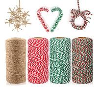 OEMG 200M Hilo de Algodón Rojo y Verde Twine Cuerda de Yute Natural Cordel de Jardín 2mm, Que se Utiliza para Envasar Regalos Hornear Artesanía Bricolaje Decoración Navideña (4 Rollos)