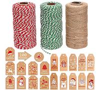OEMG 3 Rollos Cuerda de Algodón Hilo de Yute + 100 Etiquetas de Papel Kraft, Natural Rojo y Verde Cordel de Panadero para Envolver Regalo Navidad Hornear Artesanía Bricolaje Decoración (150m*2mm)